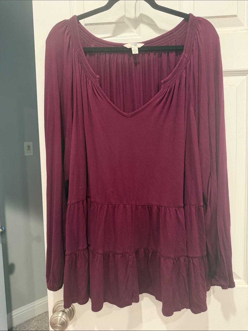 Terra & Sky Long-Sleeve Tiered Peasant Top - Wine/Burgundy